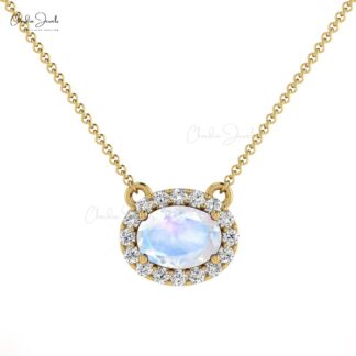 7x5mm Oval Shaped Rainbow Moonstone & Diamond Halo Necklace in 14K Gold