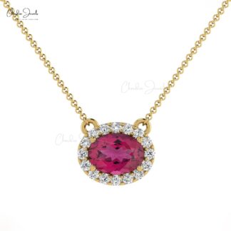 Diamond Halo Necklace with Oval Shaped Pink Tourmaline Stone