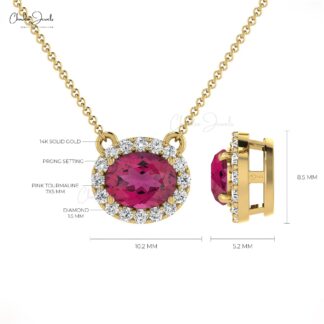 Diamond Halo Necklace with Oval Shaped Pink Tourmaline Stone