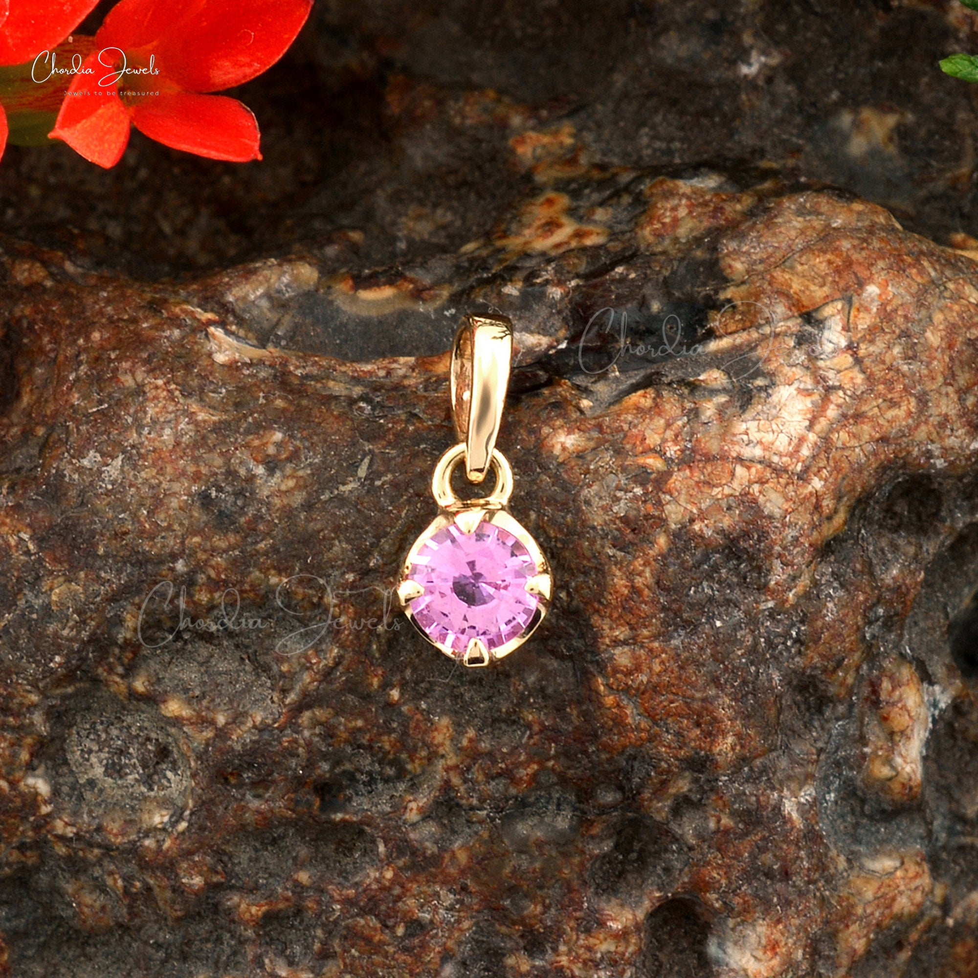 Brilliant Cut Dangle Pendant in 14k Yellow Gold Pink Sapphire 0.23 Ct Gemstone Necklace