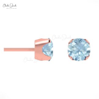 AAA Quality Aquamarine Gemtone Stud Earrings 14k Solid Gold Prong Set Studs