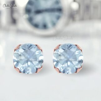 AAA Quality Aquamarine Gemtone Stud Earrings 14k Solid Gold Prong Set Studs