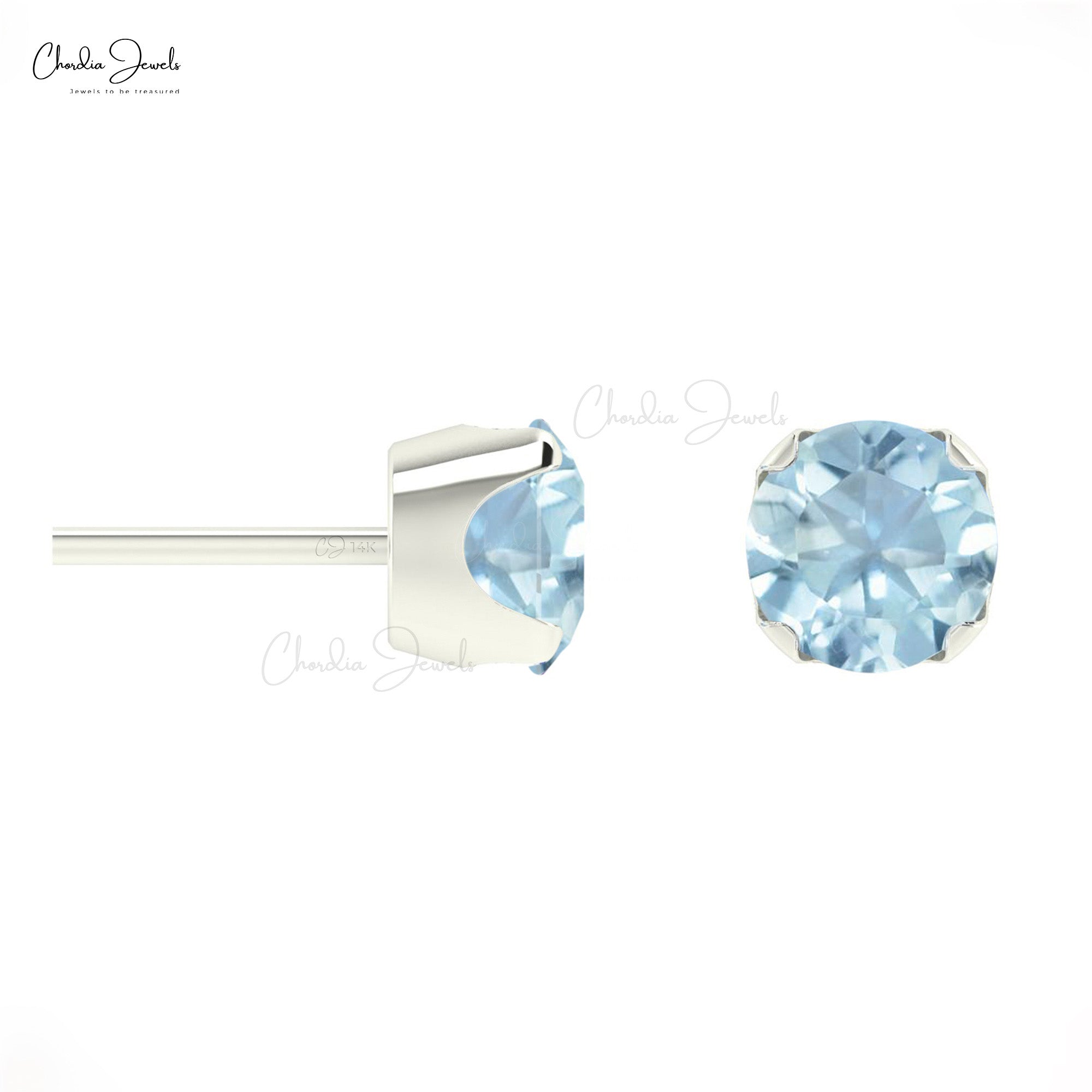 AAA Quality Aquamarine Gemtone Stud Earrings 14k Solid Gold Prong Set Studs