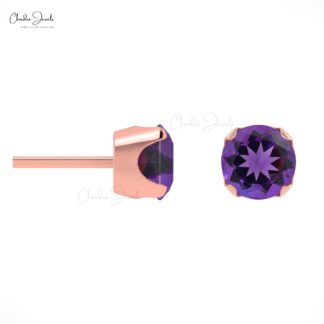 Authentic AAA Amethyst 0.44 Ct Gemstone Stud Earrings, 4mm Round Brilliant Cut Studs For Birthday Gift, 14k Solid Gold Purple Earrings Minimalist Jewelry For Women