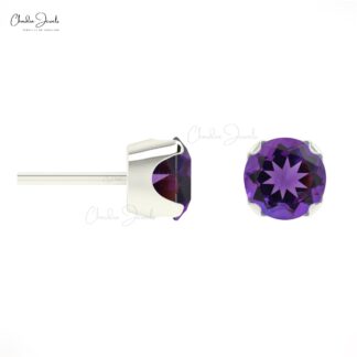 Authentic AAA Amethyst 0.44 Ct Gemstone Stud Earrings, 4mm Round Brilliant Cut Studs For Birthday Gift, 14k Solid Gold Purple Earrings Minimalist Jewelry For Women