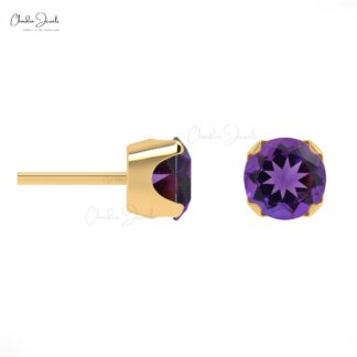 Authentic AAA Amethyst 0.44 Ct Gemstone Stud Earrings, 4mm Round Brilliant Cut Studs For Birthday Gift, 14k Solid Gold Purple Earrings Minimalist Jewelry For Women