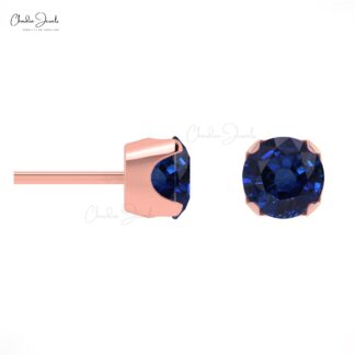 Real 14k Gold Natural Blue Sapphire Earrings 0.6 Ct Round Cut Gemstone Minimal Earrings Handmade Jewelry For Women