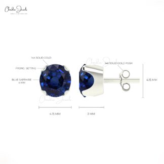 Real 14k Gold Natural Blue Sapphire Earrings 0.6 Ct Round Cut Gemstone Minimal Earrings Handmade Jewelry For Women