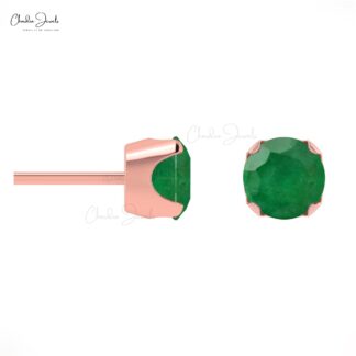 Authentic Emerald Gemstone Solitaire Stud Earrings In 14k Solid Gold