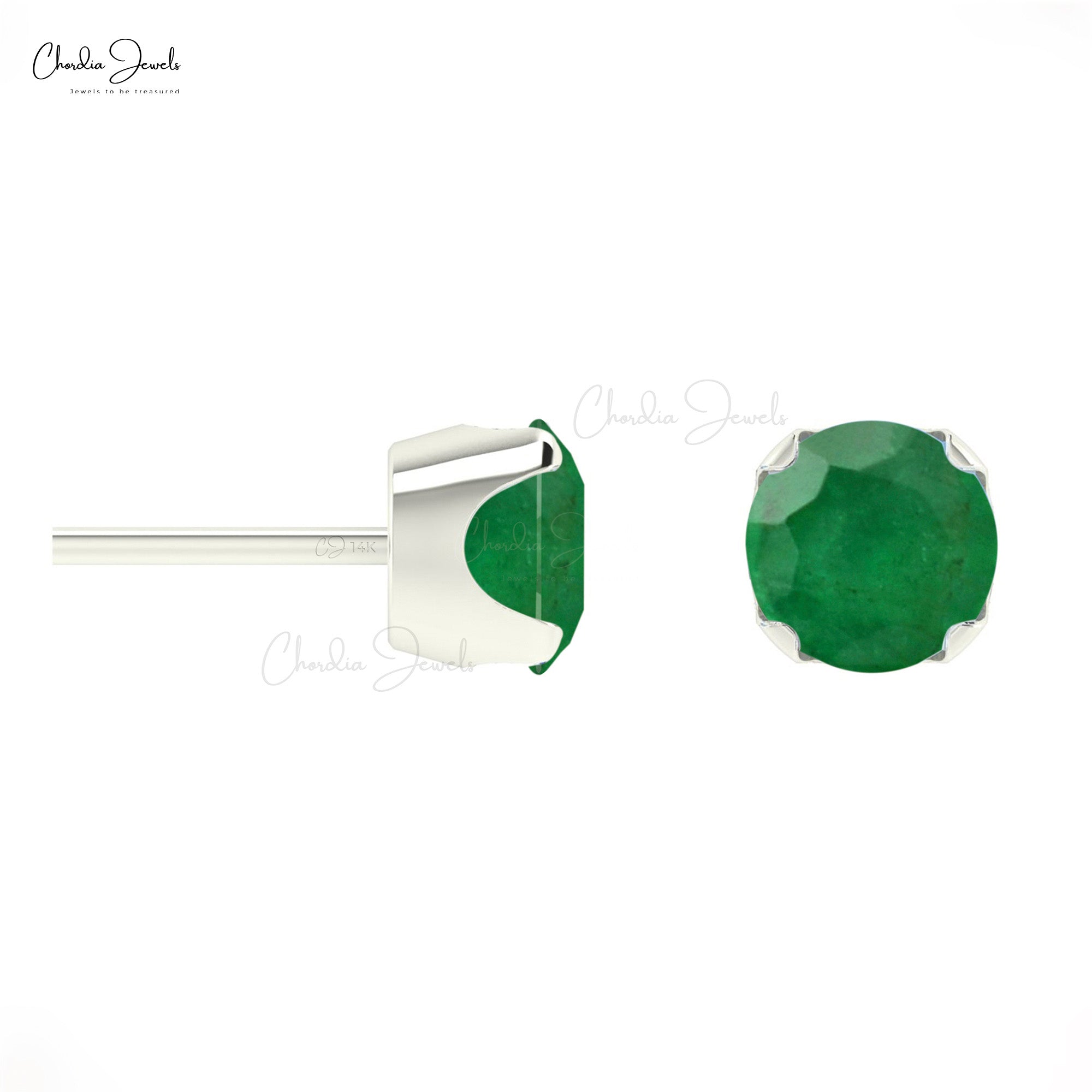 Authentic Emerald Gemstone Solitaire Stud Earrings In 14k Solid Gold