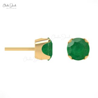 Authentic Emerald Gemstone Solitaire Stud Earrings In 14k Solid Gold