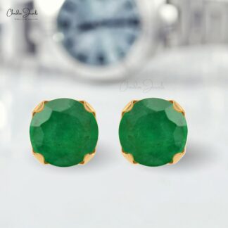 Authentic Emerald Gemstone Solitaire Stud Earrings In 14k Solid Gold