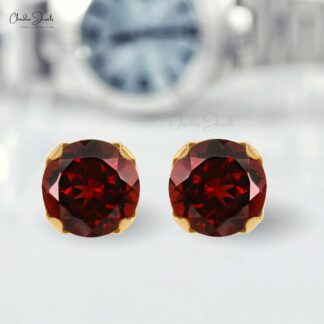Natural Garnet Studs 4mm Brilliant Round Cut Earrings For Gift 14k Real Gold Minimalist Stud Earrings Fine Jewelry For Her