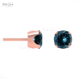 AAA London Blue Topaz Earrings 4mm Round Cut Natural Gemstone Summer Jewelry 14k Real Gold Dainty Earrings For Her