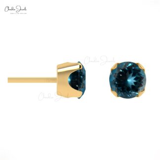 AAA London Blue Topaz Earrings 4mm Round Cut Natural Gemstone Summer Jewelry 14k Real Gold Dainty Earrings For Her