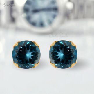 AAA London Blue Topaz Earrings 4mm Round Cut Natural Gemstone Summer Jewelry 14k Real Gold Dainty Earrings For Her