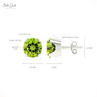 Natural Peridot Stud Earrings 14k Real Gold Vintage Earrings For Daughter 0.6 Ct Round Gemstone Studs August Birthstone For Gift