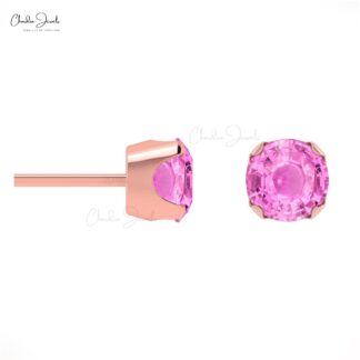 AAA Pink Sapphire Earrings For Gift 14k Real Gold Earrings Set 4mm Round Cut Gemstone Studs Hallmarked Jewelry