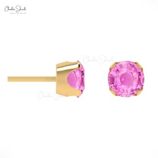AAA Pink Sapphire Earrings For Gift 14k Real Gold Earrings Set 4mm Round Cut Gemstone Studs Hallmarked Jewelry