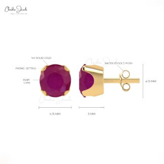 Dainty Solitaire 4mm Burma Ruby Gemstone Studs in 14k Solid Gold