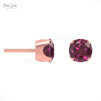 Natural Rhodolite Garnet Earrings For Gift 4mm Round Cut Gemstone Studs 14k Solid Gold Minimalist Earrings Set Fine Jewelry For Women