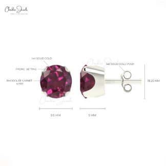 Natural Rhodolite Garnet Earrings For Gift 4mm Round Cut Gemstone Studs 14k Solid Gold Minimalist Earrings Set Fine Jewelry For Women