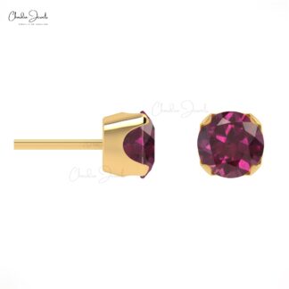 Natural Rhodolite Garnet Earrings For Gift 4mm Round Cut Gemstone Studs 14k Solid Gold Minimalist Earrings Set Fine Jewelry For Women