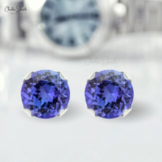 Solitaire Tanzanite Gemstone Studs in 14k Hallmarked Gold Light Weight Earrings For Love