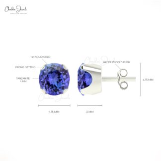 Solitaire Tanzanite Gemstone Studs in 14k Hallmarked Gold Light Weight Earrings For Love