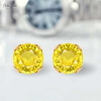 Yellow Sapphire September Birthstone Earrings Natural Round Cut Gemstone Summer Jewelry 14k Solid Gold Dainty Earrings For Her