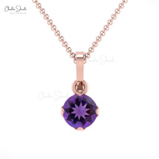 Brilliant Cut Dangle Pendant With 0.23 Ct Amethyst Prong Set In 14k Real Gold Jewelry