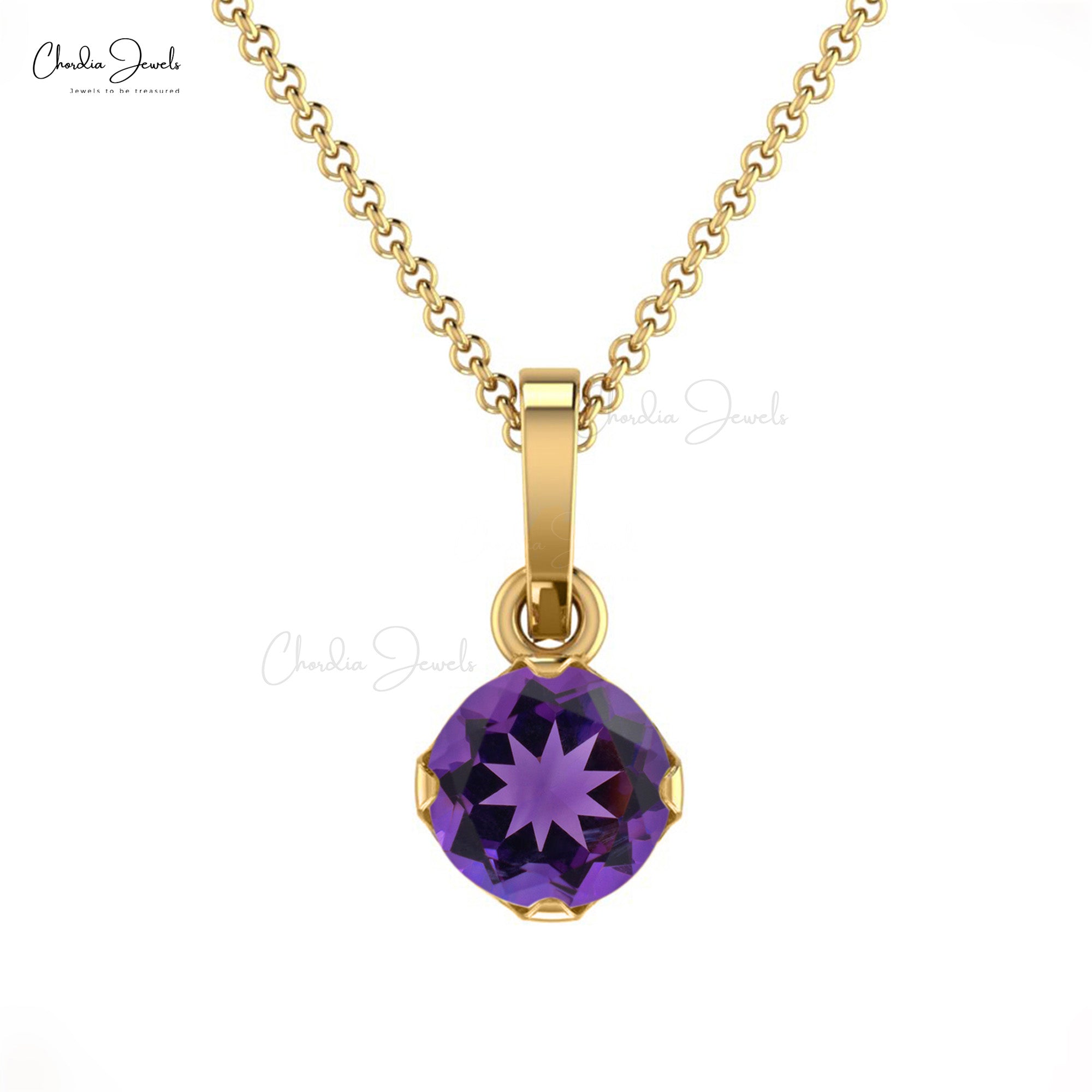 Brilliant Cut Dangle Pendant With 0.23 Ct Amethyst Prong Set In 14k Real Gold Jewelry