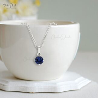 Dangle Gemstone Charm in 14k Real Gold Blue Sapphire Prong Set Pendant For Her