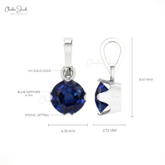 Dangle Gemstone Charm in 14k Real Gold Blue Sapphire Prong Set Pendant For Her