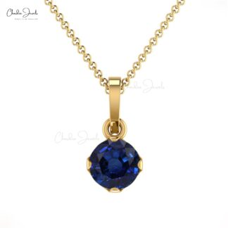 Dangle Gemstone Charm in 14k Real Gold Blue Sapphire Prong Set Pendant For Her