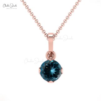 Single Stone Dangle Charm With 4mm London Blue Topaz 14k Real Gold Solitaire Pendant