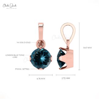 Single Stone Dangle Charm With 4mm London Blue Topaz 14k Real Gold Solitaire Pendant