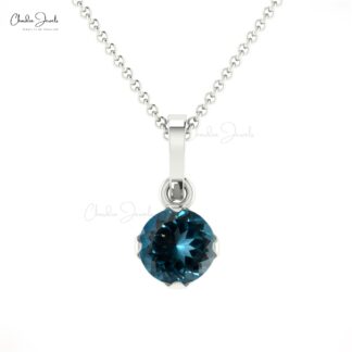 Single Stone Dangle Charm With 4mm London Blue Topaz 14k Real Gold Solitaire Pendant