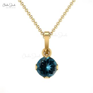 Single Stone Dangle Charm With 4mm London Blue Topaz 14k Real Gold Solitaire Pendant