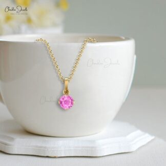 Dangle Wedding Charm with 4mm Pink Sapphire Solitaire Pendant In 14k Real Gold
