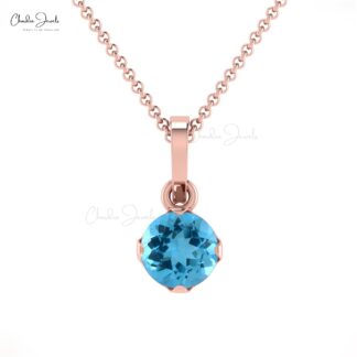 Round Solitaire Pendant in 14k Solid Gold Swiss Blue Topaz 0.23 Ct Gemstone Necklace