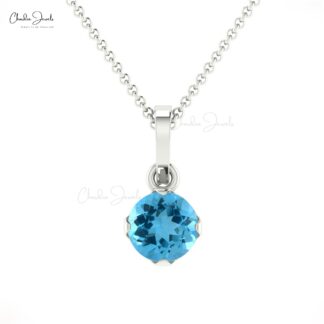 Round Solitaire Pendant in 14k Solid Gold Swiss Blue Topaz 0.23 Ct Gemstone Necklace
