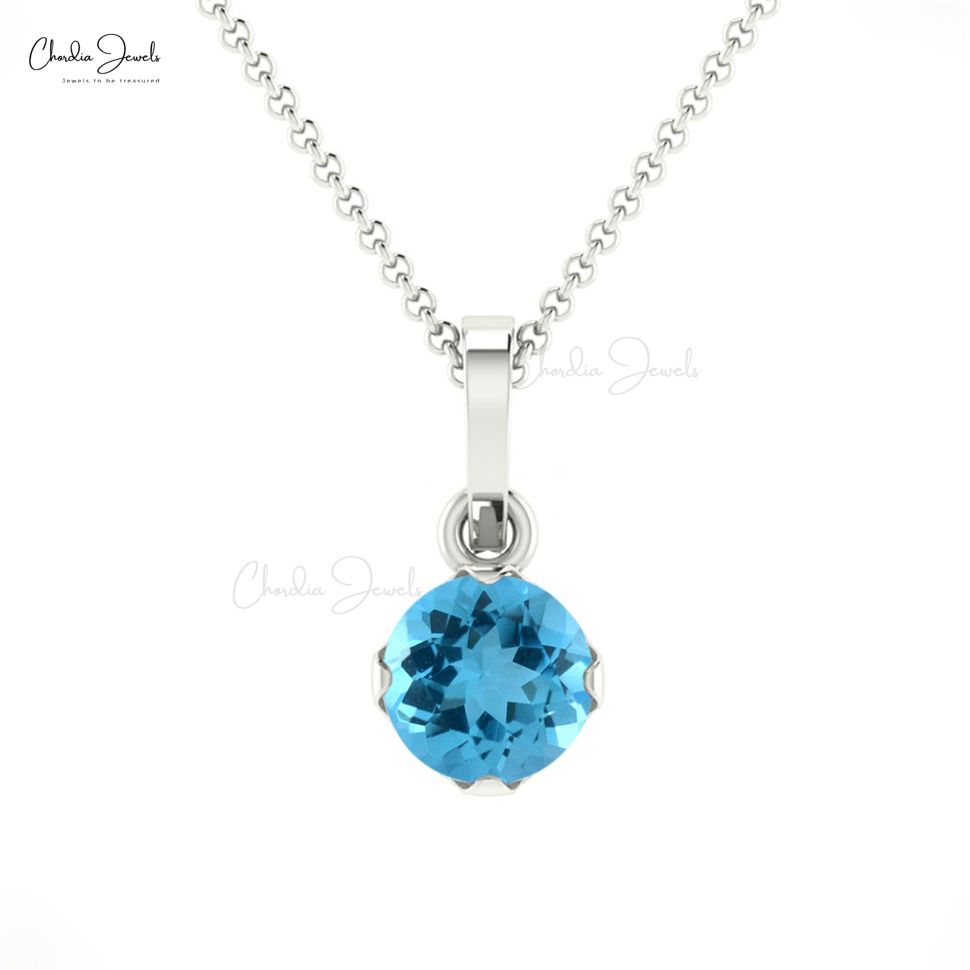 Round Solitaire Pendant in 14k Solid Gold Swiss Blue Topaz 0.23 Ct Gemstone Necklace