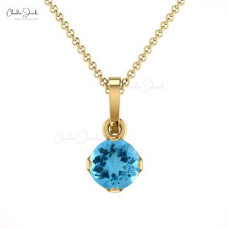 Round Solitaire Pendant in 14k Solid Gold Swiss Blue Topaz 0.23 Ct Gemstone Necklace