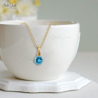 Round Solitaire Pendant in 14k Solid Gold Swiss Blue Topaz 0.23 Ct Gemstone Necklace