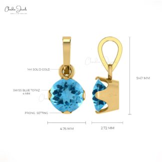 Round Solitaire Pendant in 14k Solid Gold Swiss Blue Topaz 0.23 Ct Gemstone Necklace