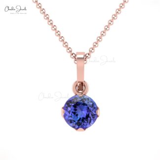 Round Gemstone Charm With 4mm Tanzanite 14k Solid Gold Solitaire Pendant