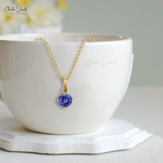 Round Gemstone Charm With 4mm Tanzanite 14k Solid Gold Solitaire Pendant