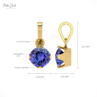 Round Gemstone Charm With 4mm Tanzanite 14k Solid Gold Solitaire Pendant