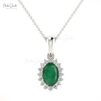 Natural Emerald Diamond Halo Pendant 14k Solid Gold Minimalist Pendant For Birthday Gift